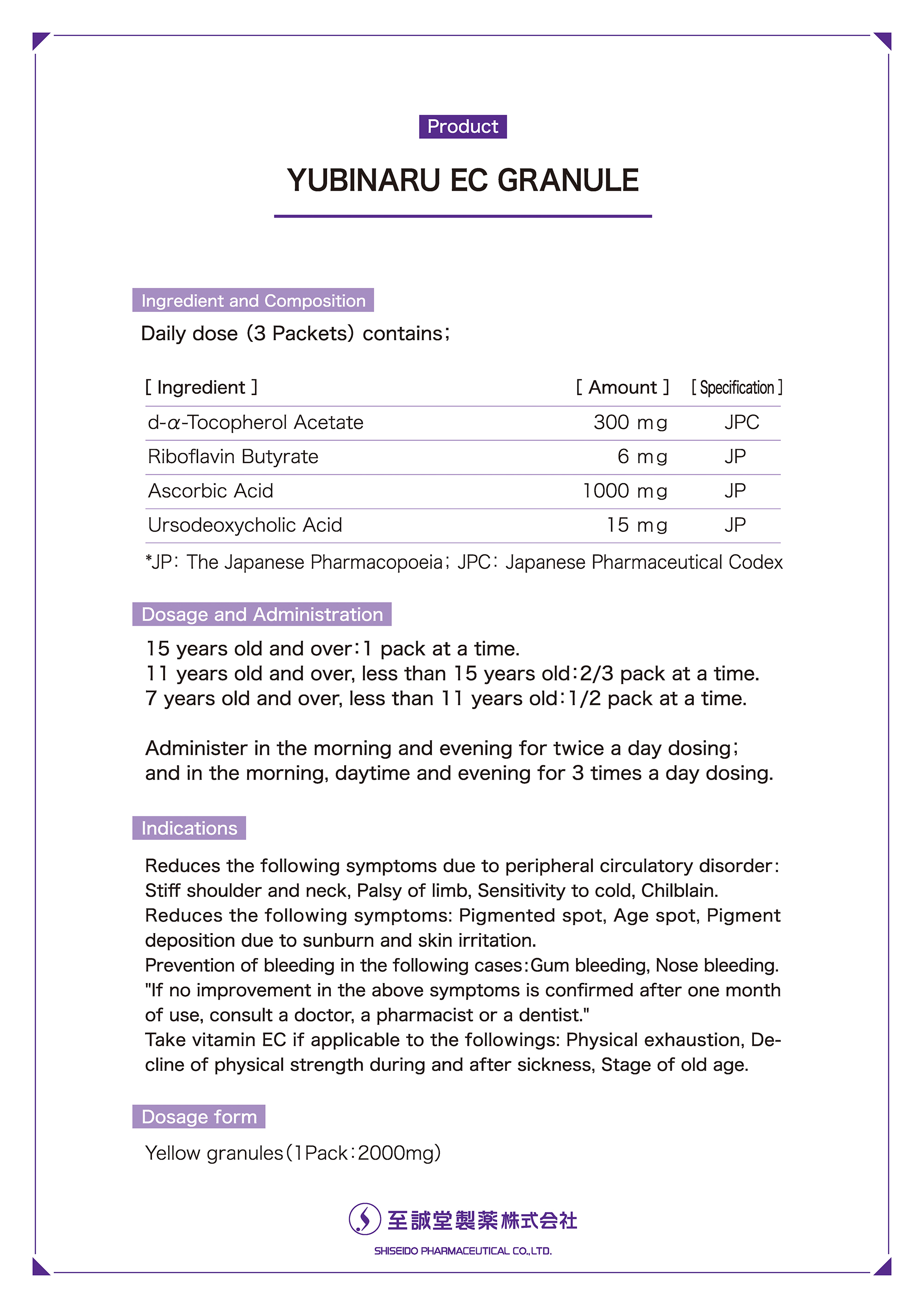 YUBINARU EC GRANULE Prescription information